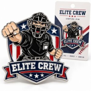 Custom baseball umpire enamel lapel pin with backing card packaging, designed for sports recognition awards wholesale.