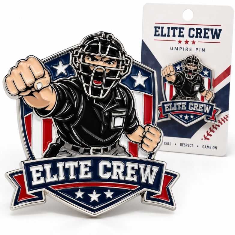 Custom baseball umpire enamel lapel pin with backing card packaging, designed for sports recognition awards wholesale.