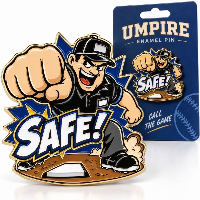 Dynamic baseball umpire safe call enamel pin mounted on blue backing card, suited for youth league wholesale.