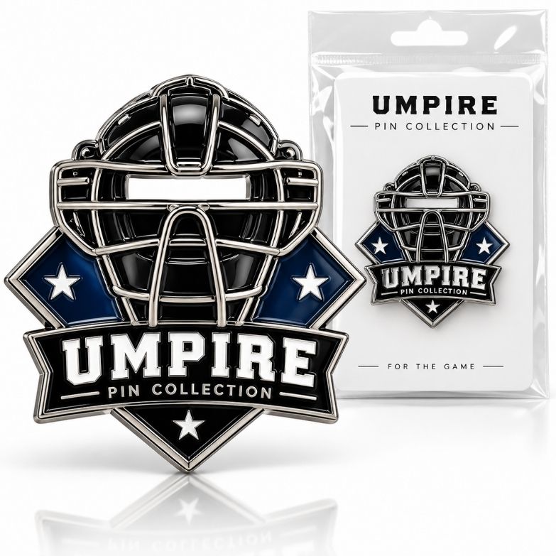 Baseball umpire mask enamel pin with retail hanging pouch packaging, ideal for sports merchandise wholesale.