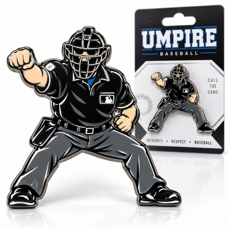 Baseball umpire strike call enamel pin mounted on hanging backer card, perfect for official award wholesale.