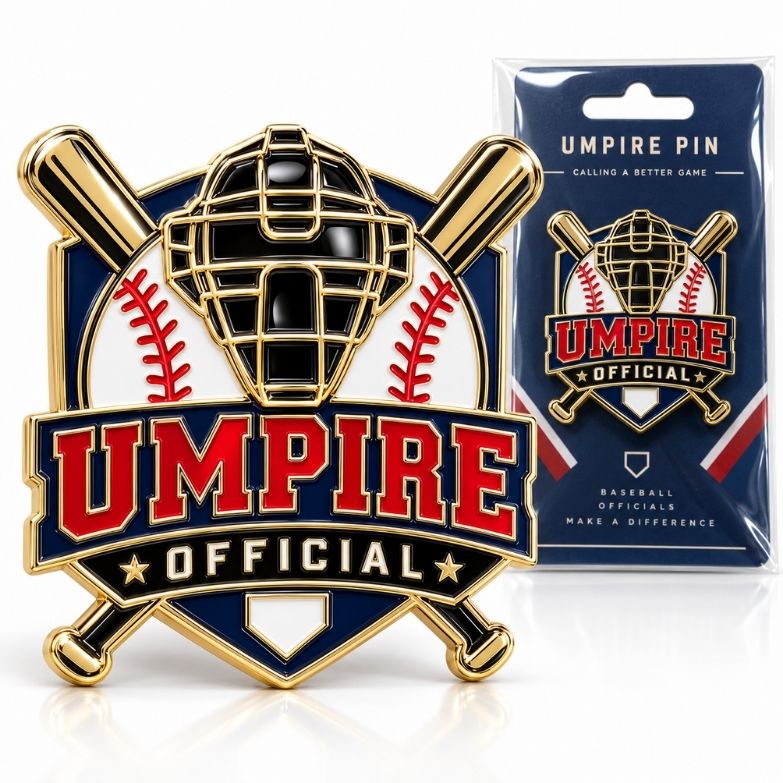 Gold baseball umpire official shield enamel pin with crossed bats, designed for tournament awards wholesale.
