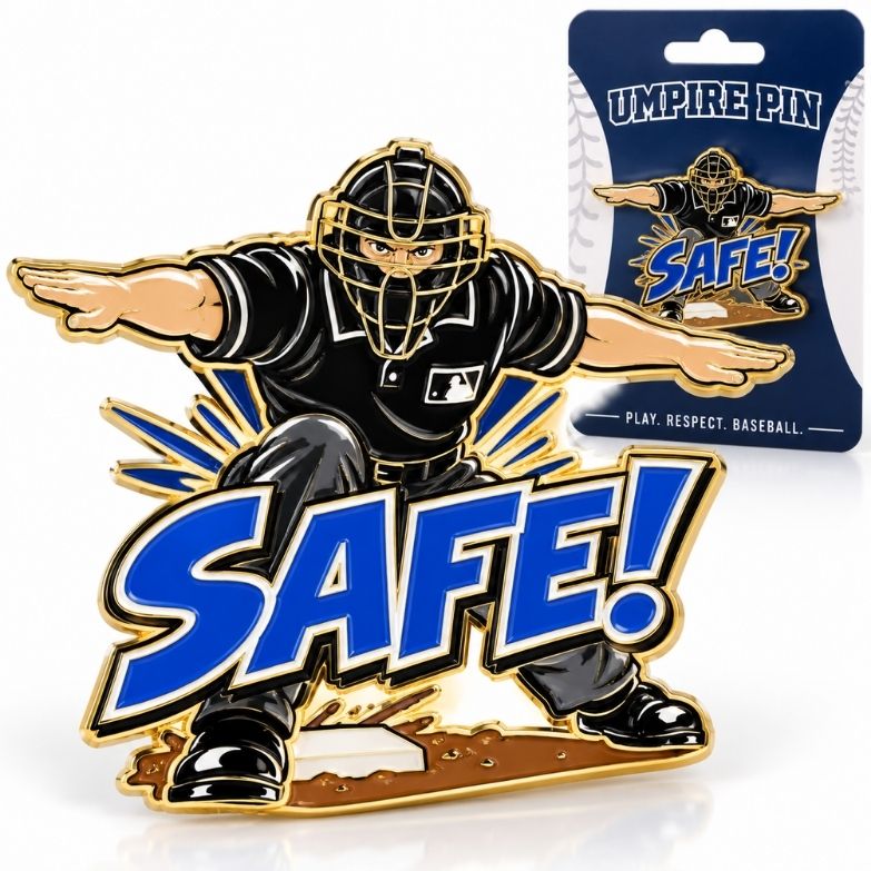 Baseball umpire safe call gold enamel pin on retail backer card, perfect for sports tournament merchandise.