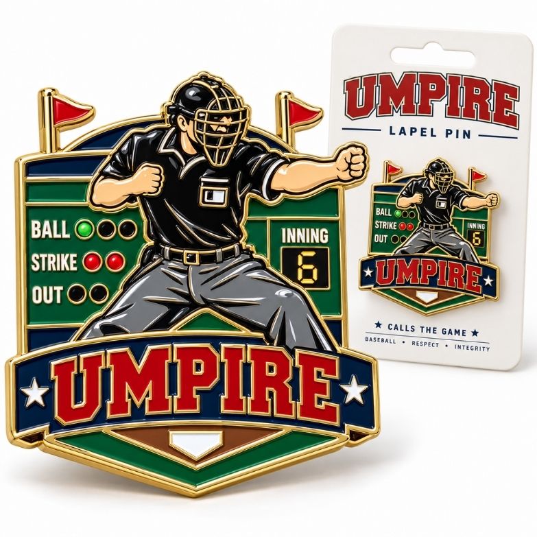 Baseball umpire scoreboard strike pin with custom retail backing card, designed for official sports awards.