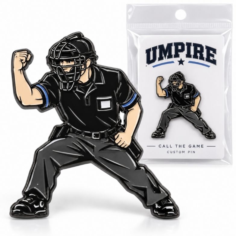Black baseball umpire stance enamel pin in hanging pouch retail packaging, suited for sports gear wholesale.