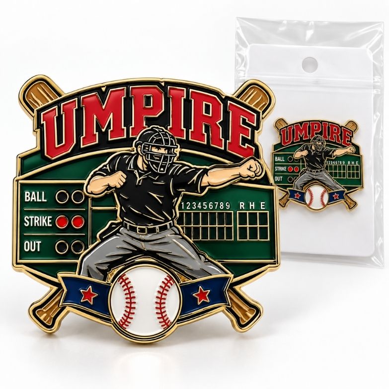 Baseball scoreboard umpire enamel pin with crossed bats in retail bag, ideal for baseball tournament wholesale.