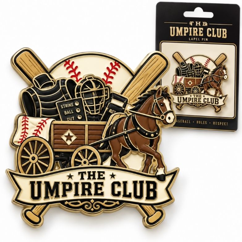 Vintage umpire club horse wagon enamel pin on backing card, perfect for commemorative baseball merchandise.