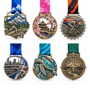 Six custom 3D zinc alloy finisher medals for marathon, cycling, and trail running events for B2B wholesale.