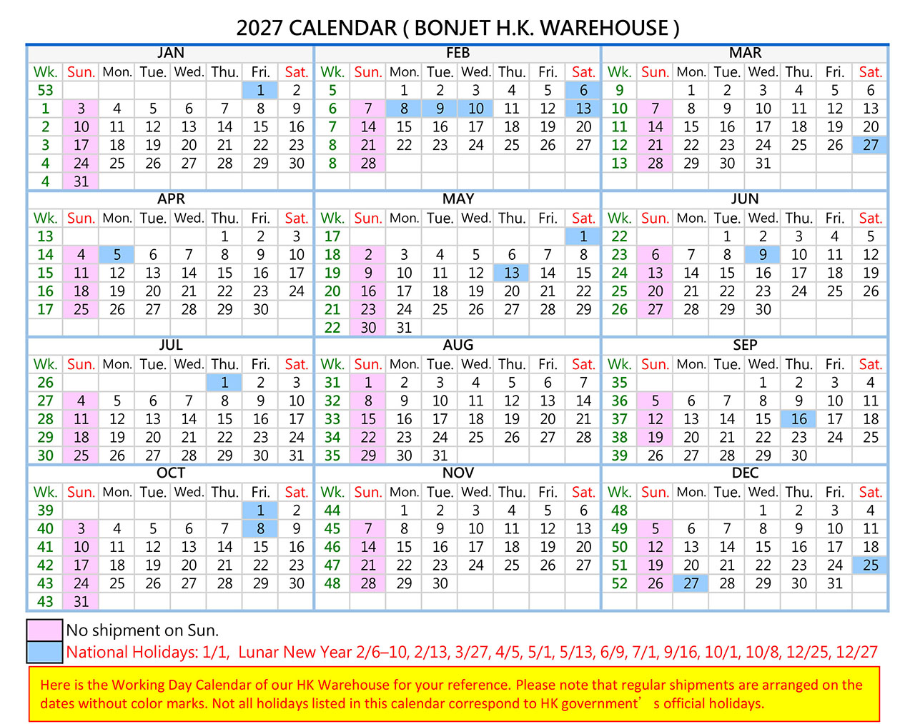 2027 Working Day Calendar Template for Logistics - Bonjet H.K. Warehouse