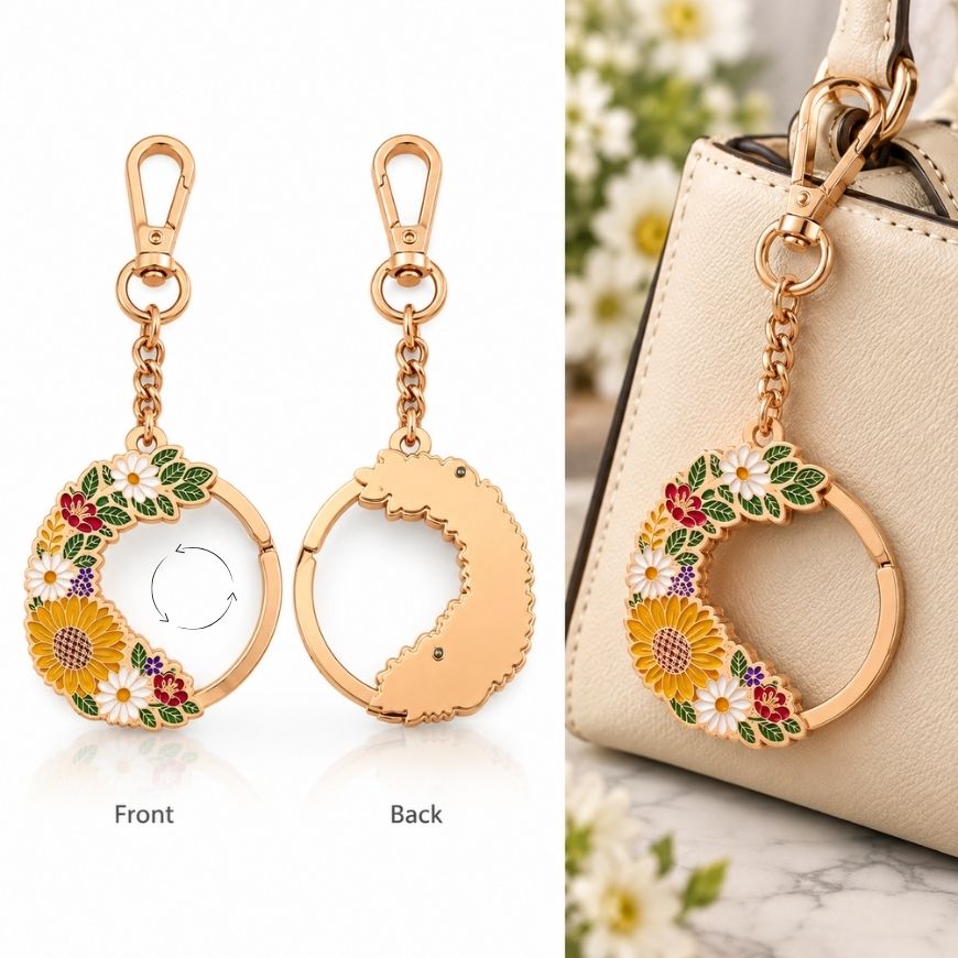 Rotating floral enamel keychain displayed with handbag charm mockup, wholesale custom accessories manufacturer.
