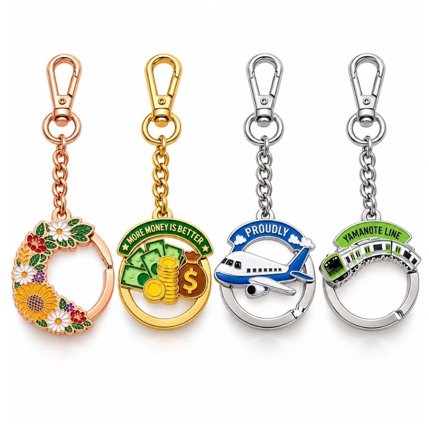Custom rotating enamel keychains in rose gold, gold, and nickel plating for wholesale promotional gifts.