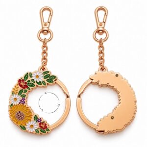 Rose gold rotating floral enamel keychain showing front and back mechanism for custom promotional gifts.