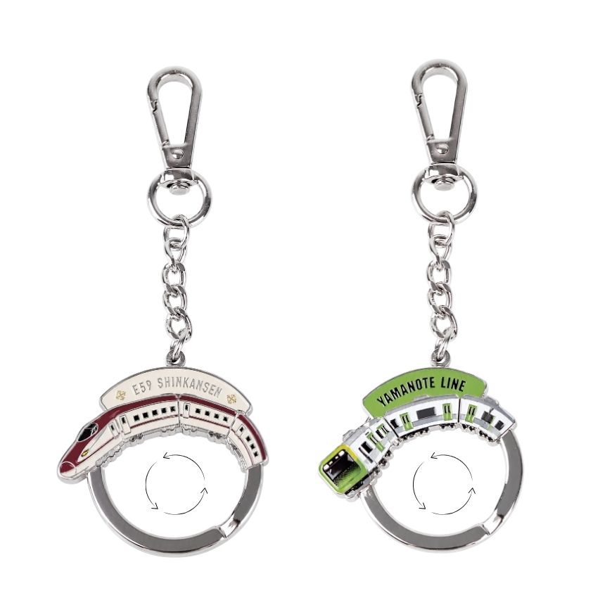 Custom Japanese train rotating enamel keychains in silver plating for transit merchandise wholesale.