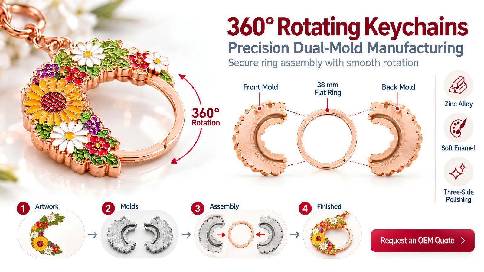 Dual-Mold 360 Rotating Enamel Keychain Manufacturing Process OEM Wholesale