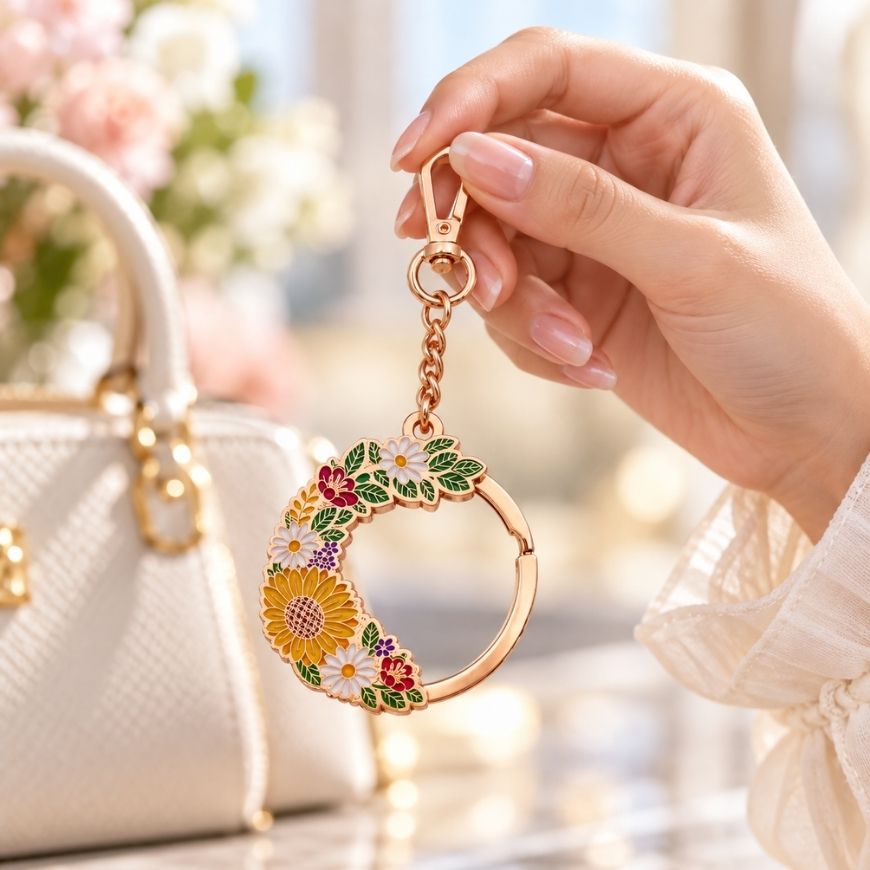 Hand holding rose gold rotating floral enamel keychain charm beside luxury handbag for fashion accessory wholesale.