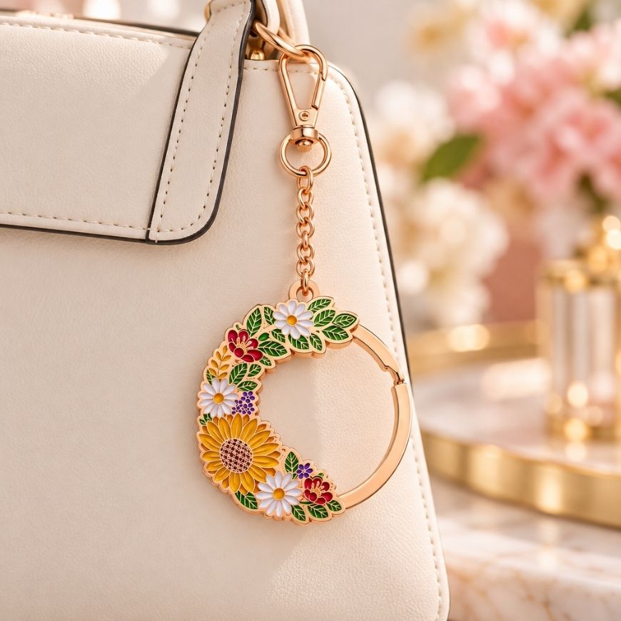 Rose gold rotating floral enamel keychain attached to luxury handbag, ideal for custom fashion accessory wholesale.