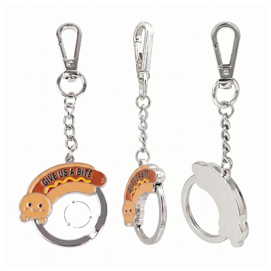 Custom hot dog rotating enamel keychain multi-angle view for fast food promotional merchandise wholesale.