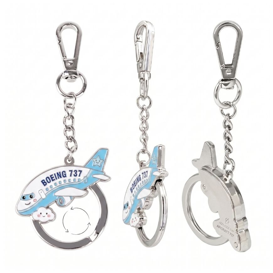 Custom Boeing 737 rotating enamel keychain multi-angle view for airline promotional souvenir wholesale.