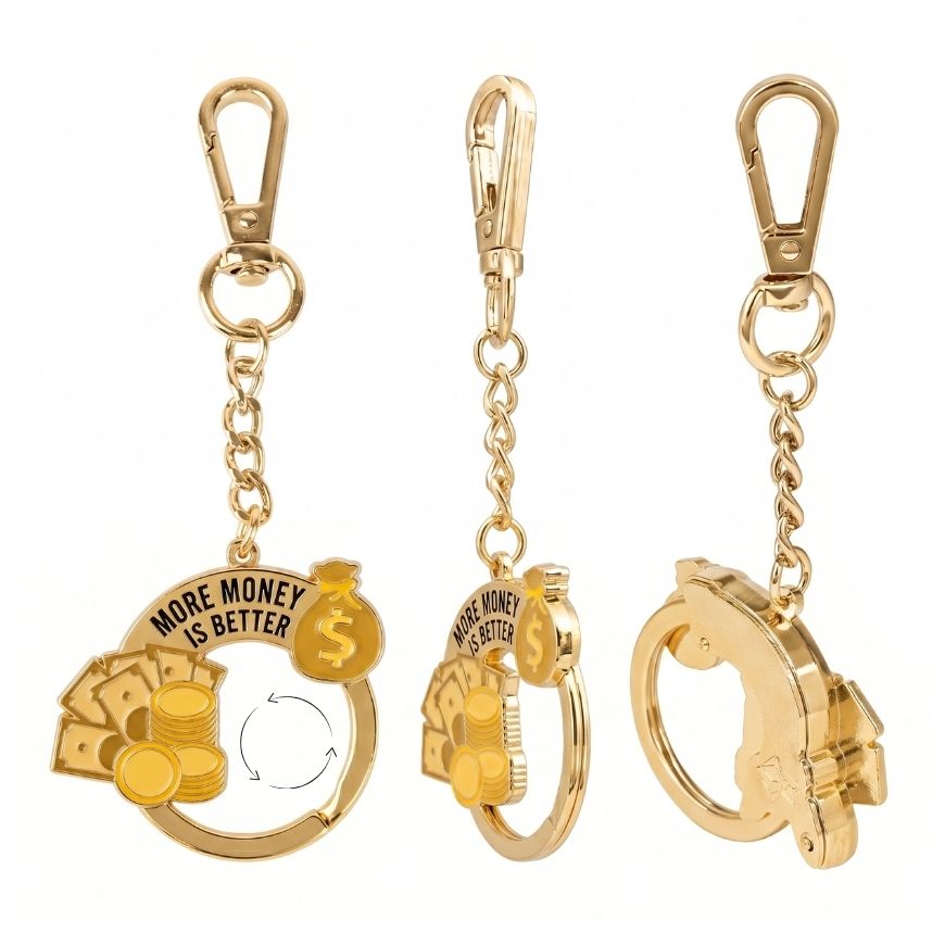 Custom gold money-themed rotating enamel keychain multi-angle view for financial promotional gift wholesale.