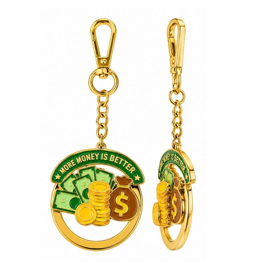 Custom gold money rotating enamel keychain front and side view for B2B promotional merchandise wholesale.