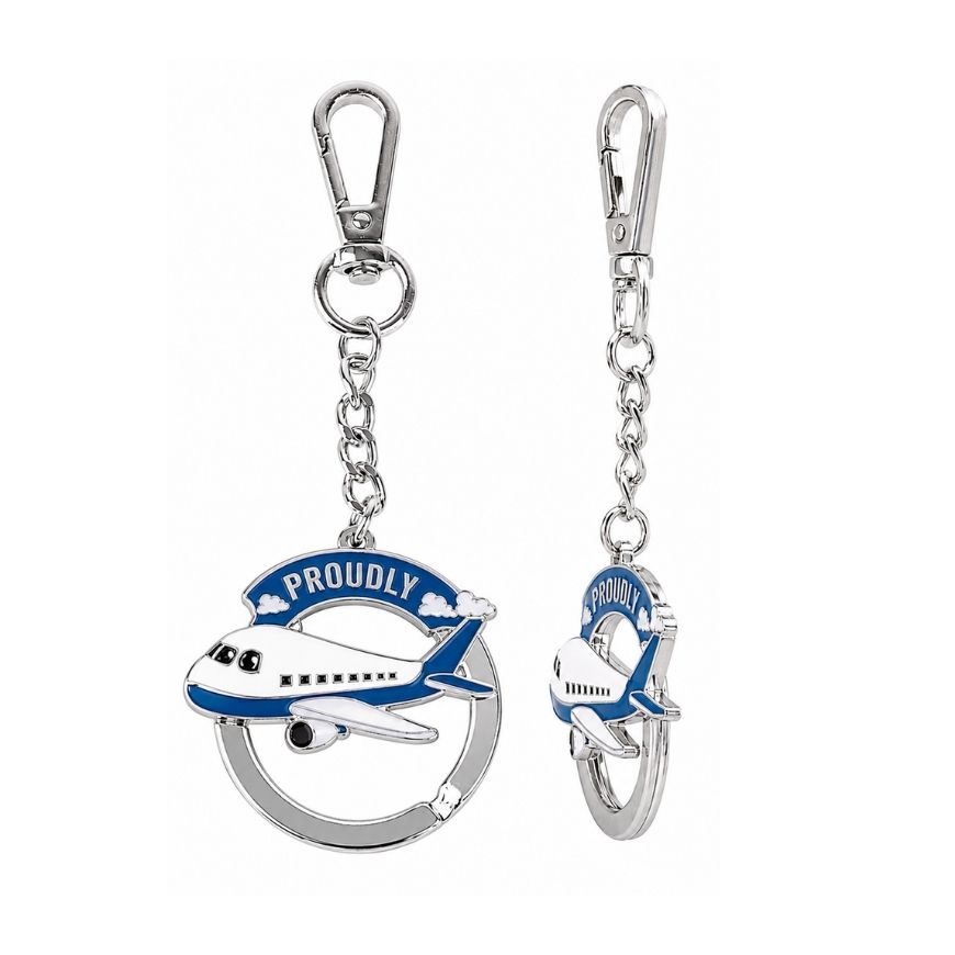 Custom airplane rotating enamel keychain front and side view for B2B aviation promotional merchandise wholesale.
