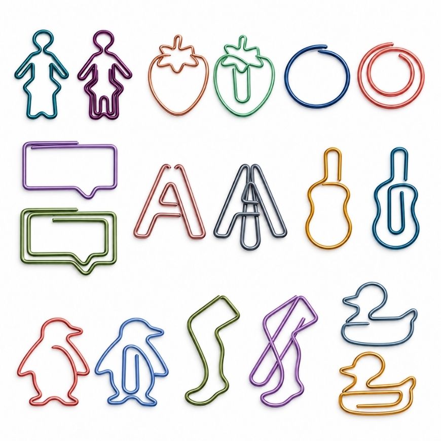 Assorted custom shaped paper clips in colorful coated wire, ideal wholesale promotional office supplies.