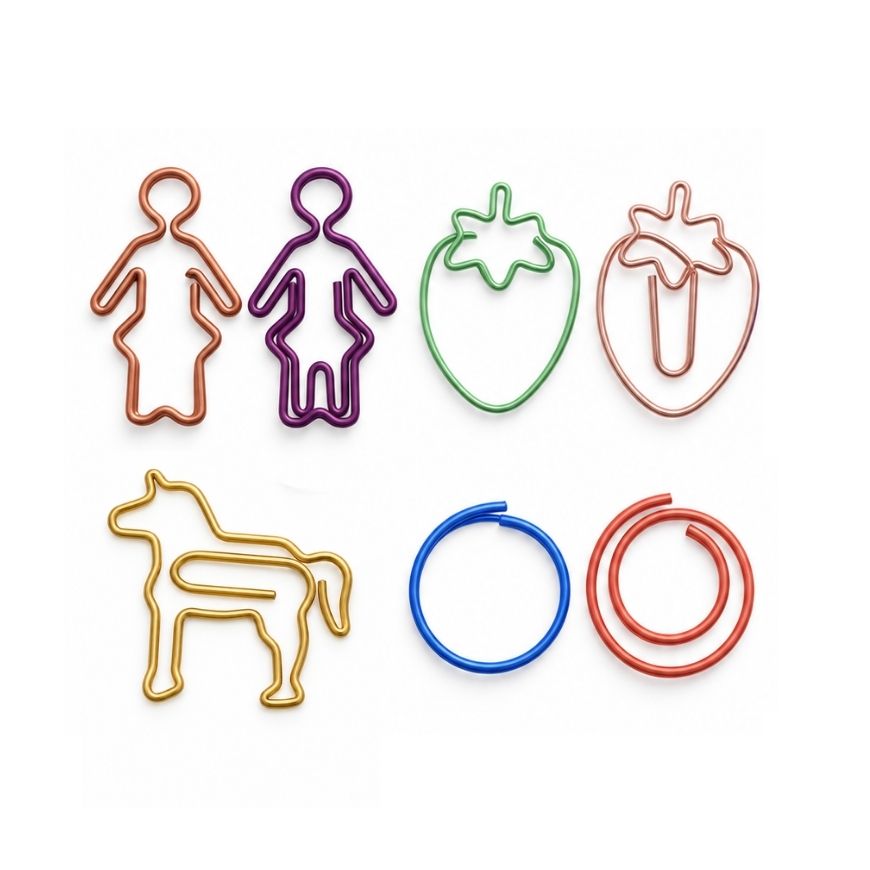 Custom wire shaped paper clips in novelty figurines, strawberries, and horse forms for wholesale stationery.