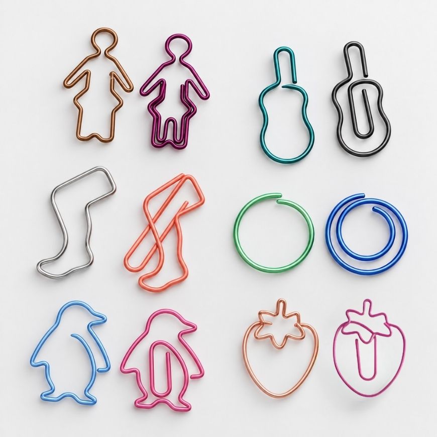 Custom wire shaped paper clips in penguin, guitar, and figurine designs for wholesale promotional stationery.