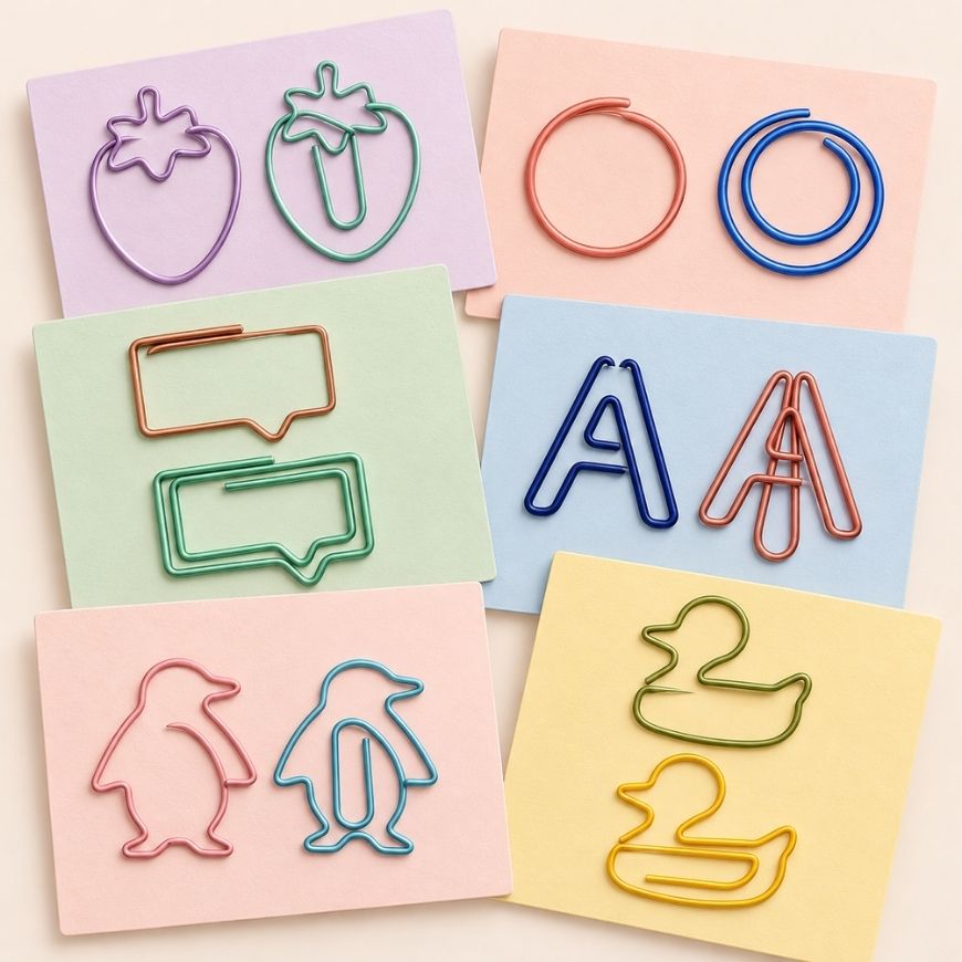 Custom shaped wire paper clips on colorful cards, ideal for wholesale promotional stationery supplies.