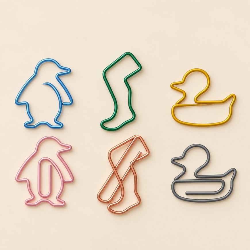 Custom wire shaped paper clips in penguin, sock, and duck forms for wholesale promotional stationery.