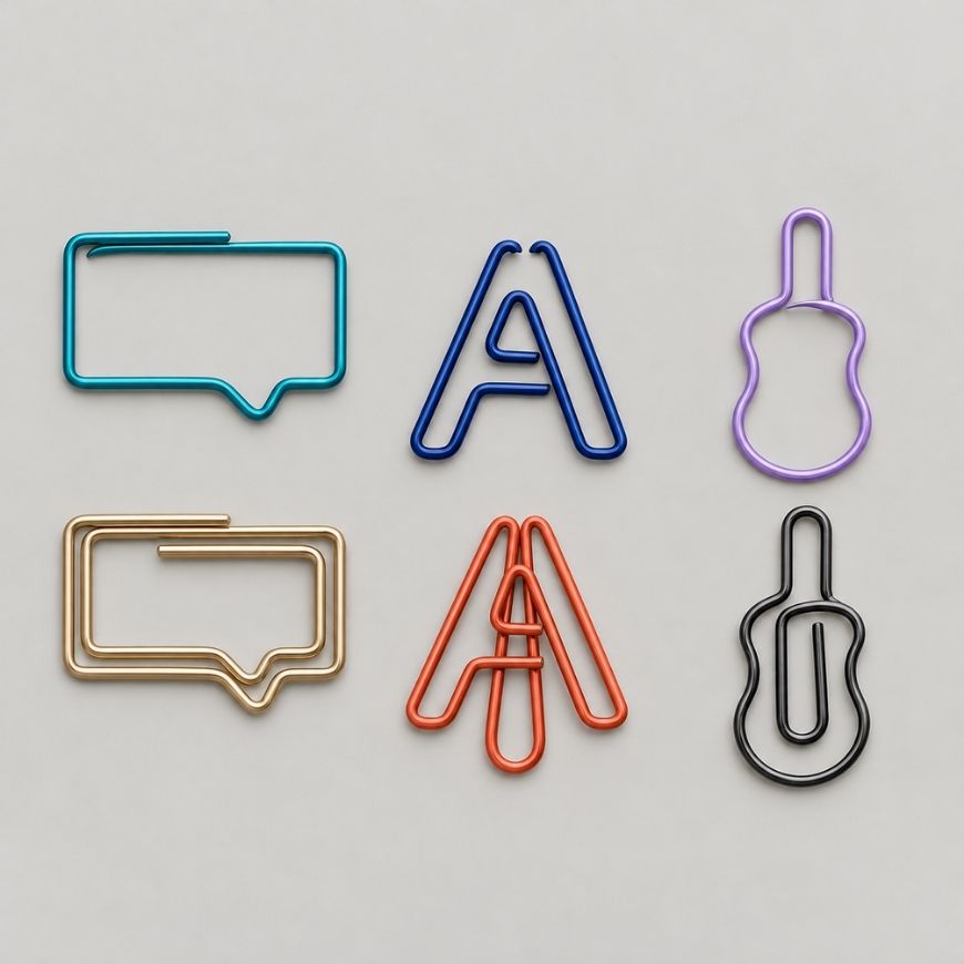 Custom shaped wire paper clips in message bubble, letter A, and guitar silhouettes for wholesale stationery.
