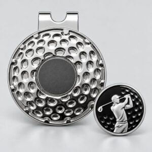 Polished chrome magnetic golf hat clip with embossed golfer ball marker for custom corporate tournament gifts.