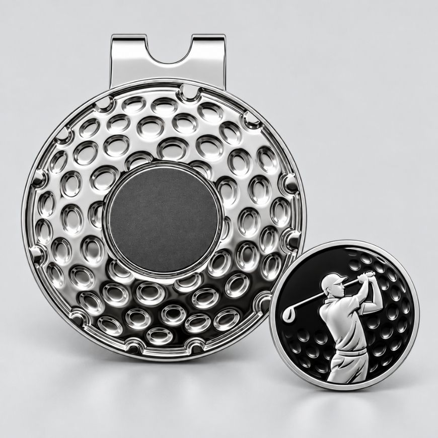 Polished chrome magnetic golf hat clip with embossed golfer ball marker for custom corporate tournament gifts.