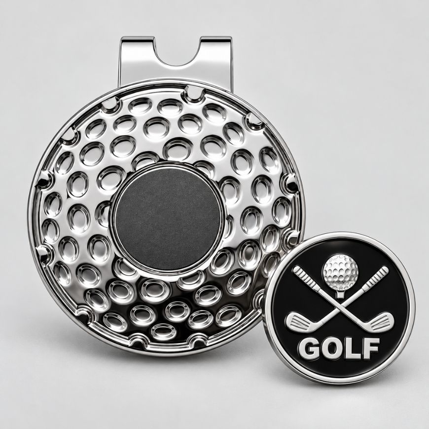 Chrome magnetic golf hat clip with crossed clubs ball marker for custom sports promotional merchandise.