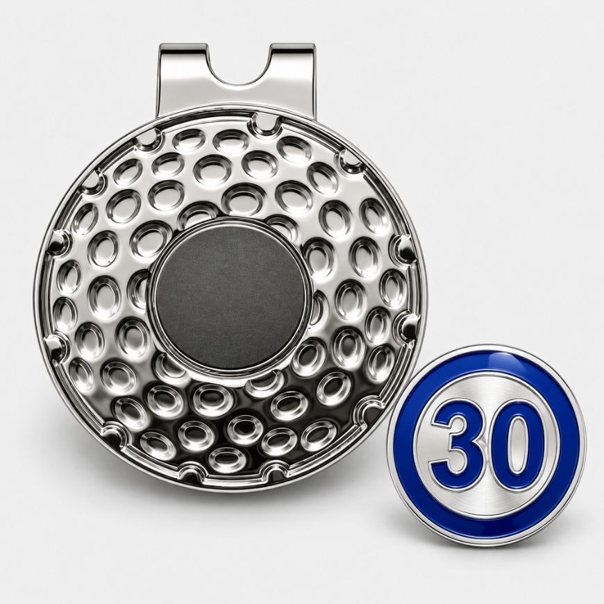 Chrome magnetic golf hat clip with custom blue number 30 ball marker for anniversary tournament gifts.