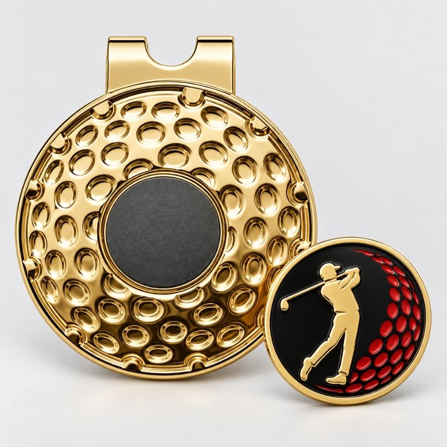 Gold magnetic golf hat clip with golfer silhouette ball marker for custom tournament promotional gifts.