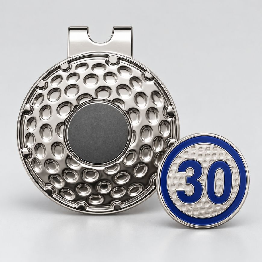 Chrome golf hat clip with dimpled number 30 magnetic ball marker for custom sports tournament gifts.