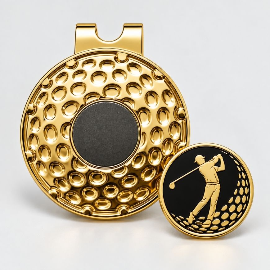 Gold magnetic golf hat clip with golfer silhouette ball marker for custom sports tournament gifts.