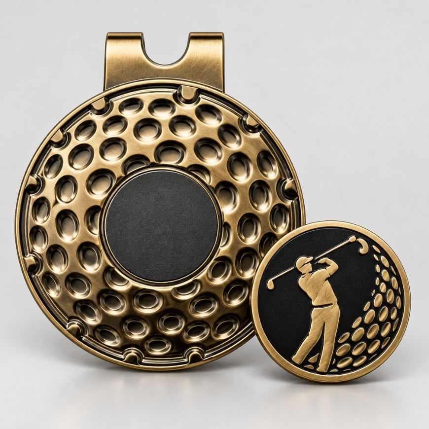 Antique bronze magnetic golf hat clip with golfer ball marker for custom sports tournament gifts.