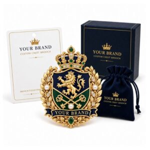 Custom gold jewel crest brooch with luxury packaging set, ideal for premium B2B corporate gifts.