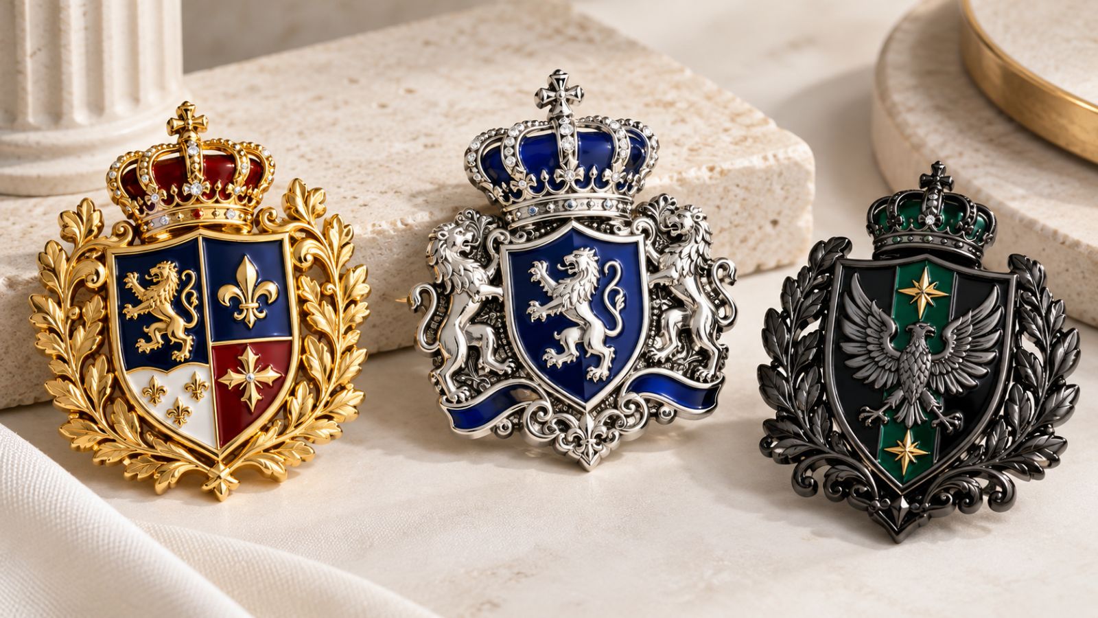 Bespoke Heraldic Jewel Crest Brooches in Multiple Metal Finishes