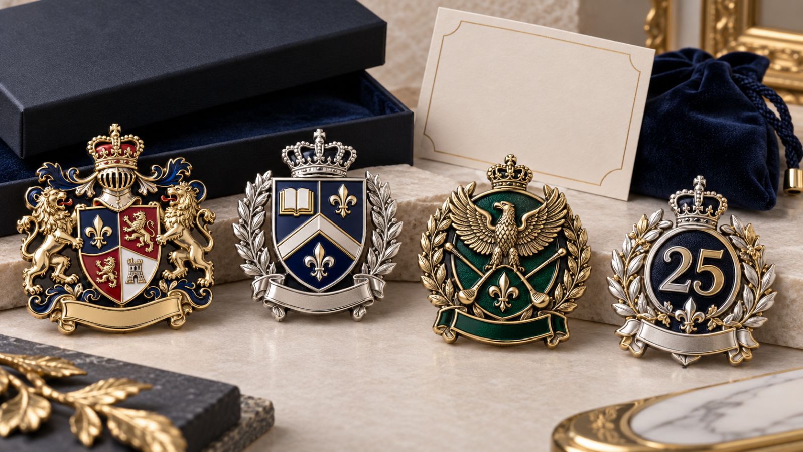 Custom Heraldic Crest & Anniversary Metal Brooches with Luxury Packaging