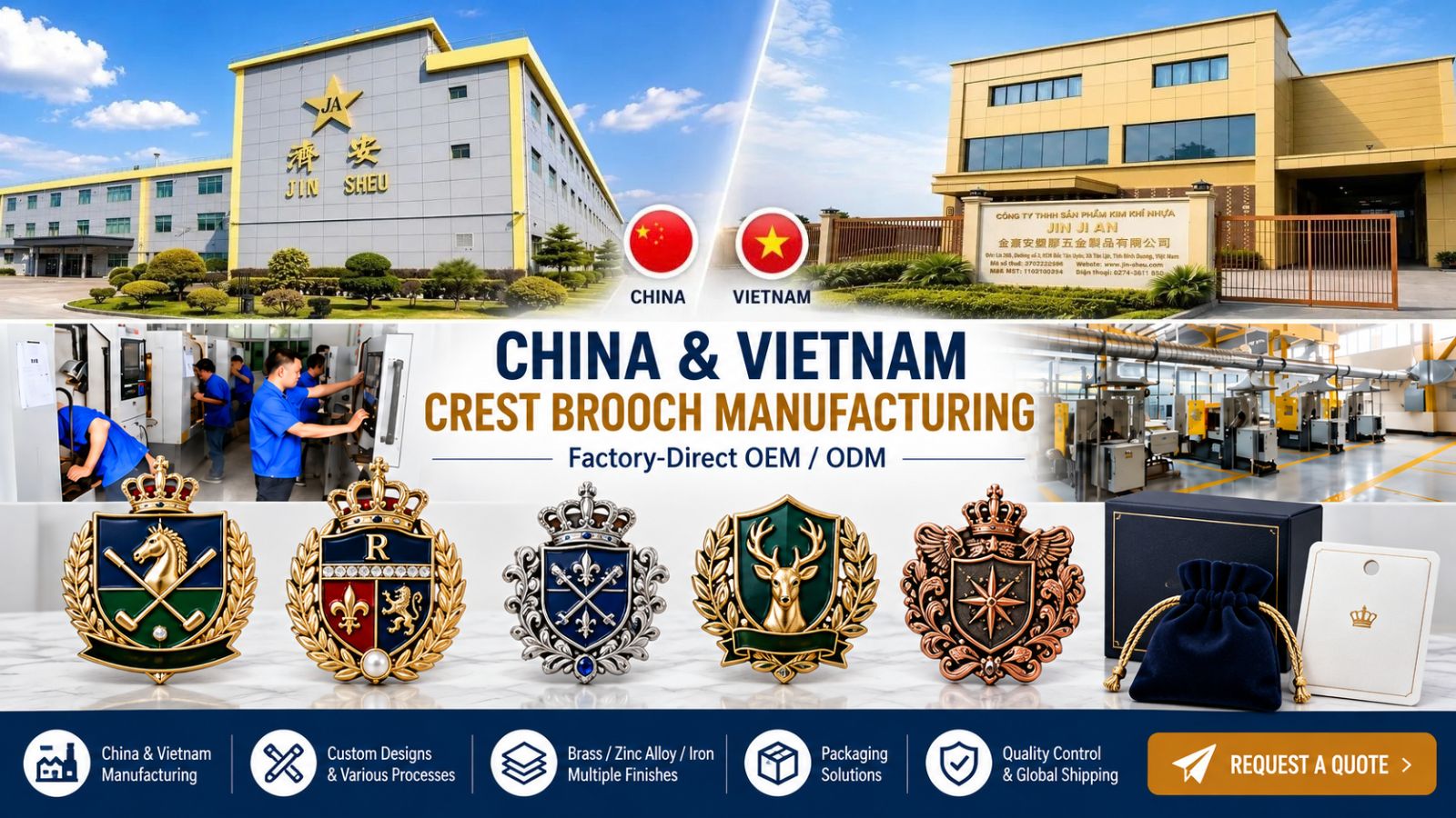 Factory-Direct Crest Brooch OEM ODM Manufacturing in China & Vietnam