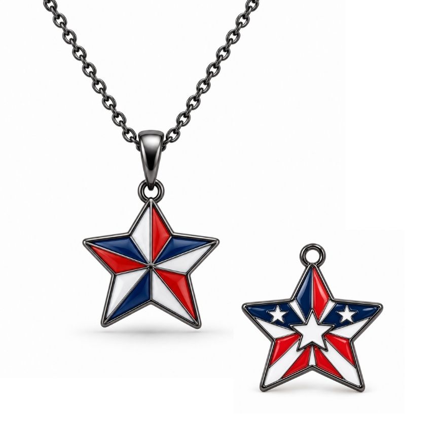 Custom nautical star enamel charms with chain in red, white, and blue, ideal for jewelry manufacturing wholesale.