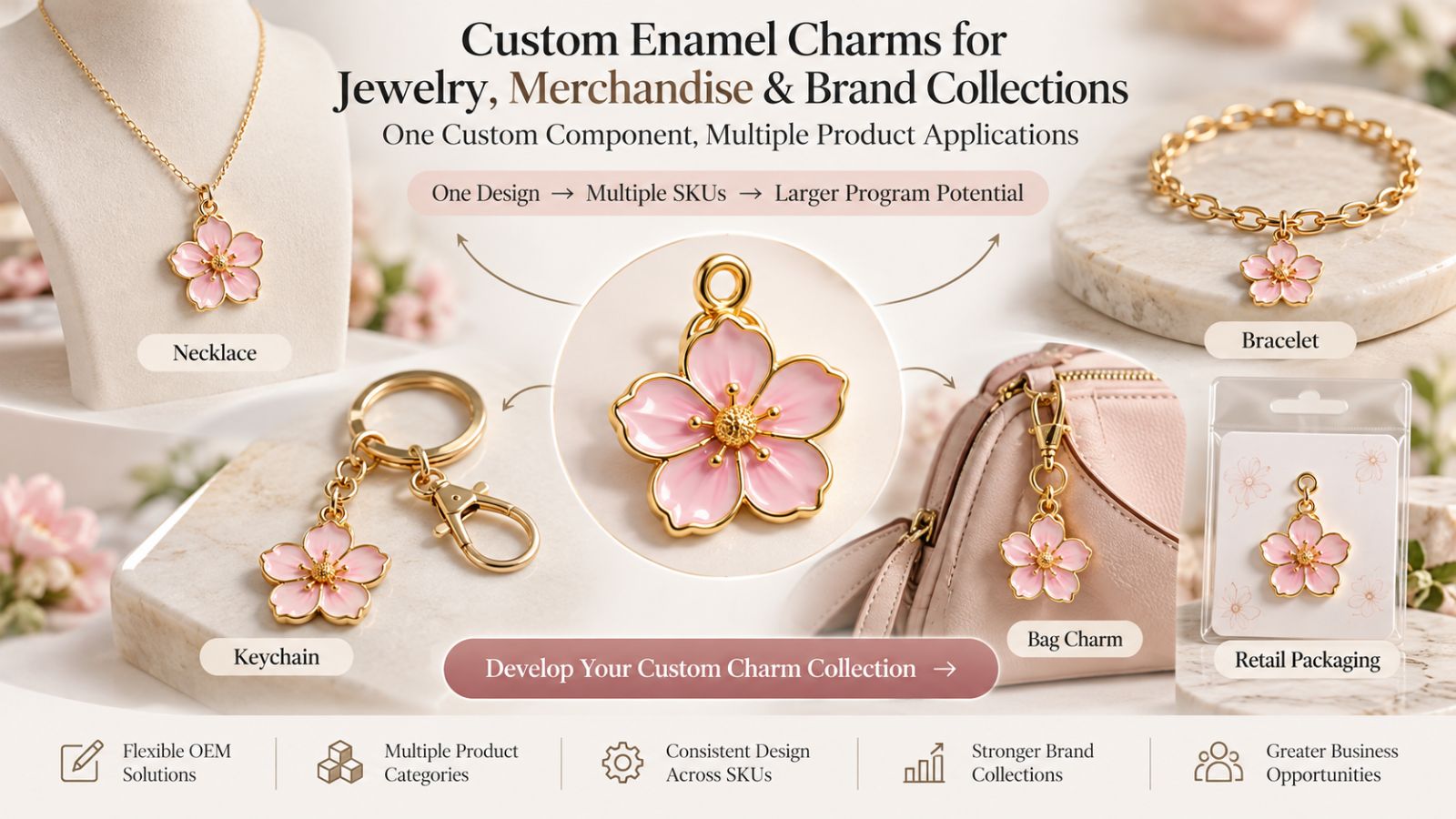 Custom Cherry Blossom Enamel Charms for Jewelry and Brand Merchandising