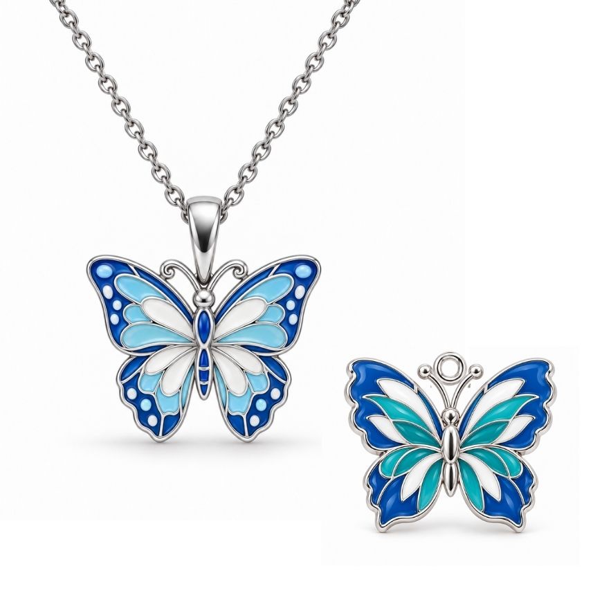 Blue butterfly enamel charms and silver pendant necklace, ideal for OEM custom jewelry manufacturing wholesale.