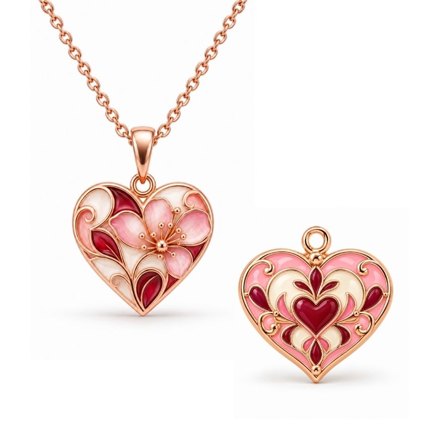 Rose gold floral heart enamel charms and pendant necklace, perfect for OEM custom jewelry manufacturing wholesale.