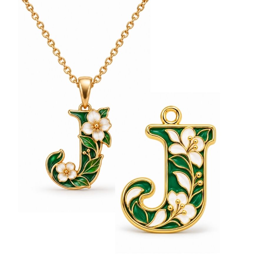 Gold floral letter J enamel charms and pendant necklace, perfect for OEM custom jewelry manufacturing wholesale.
