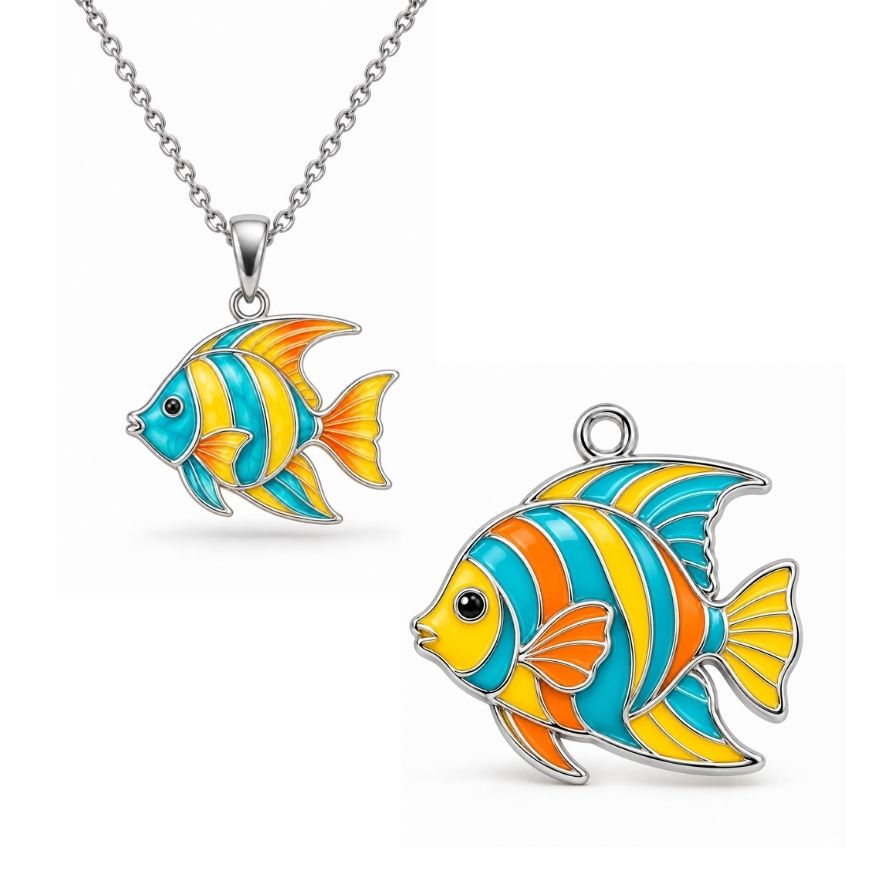 Colorful tropical fish enamel charms and silver necklace pendant, ideal for custom jewelry OEM wholesale.