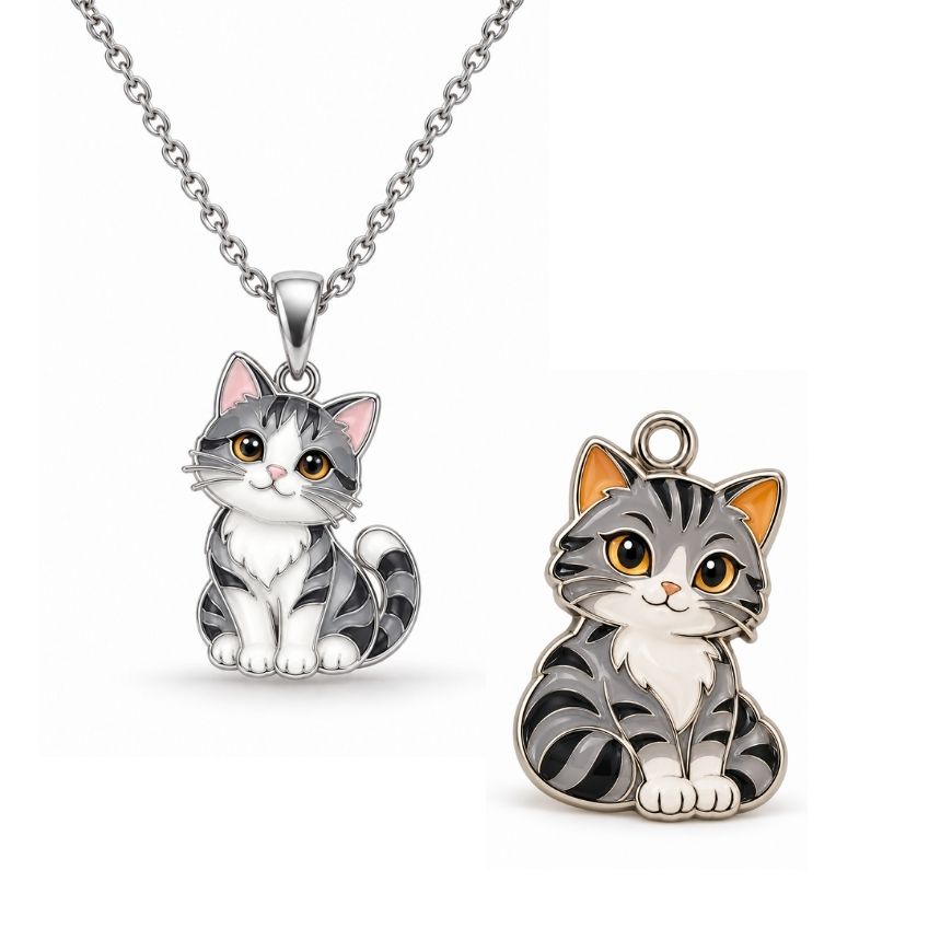 Custom tabby cat enamel charm and silver pendant necklace, ideal for OEM pet jewelry wholesale manufacturing.